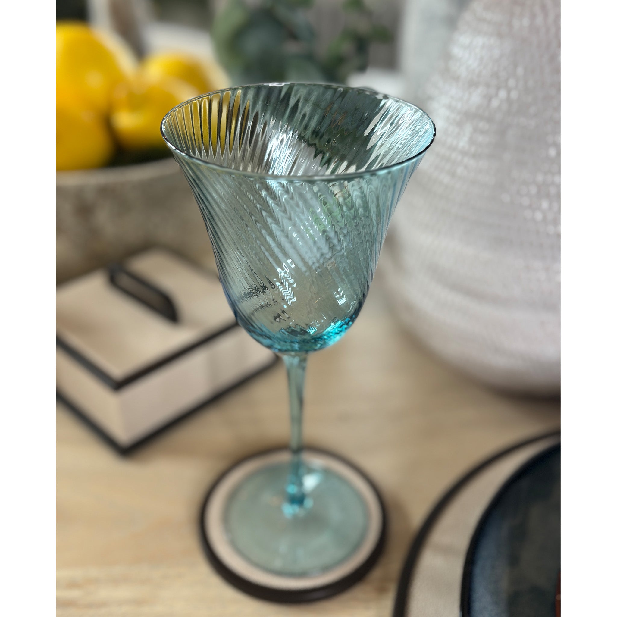 Blue Glass Fluted Wine Glasses - Set of 4